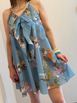 Abito corto floreale azzurro polvere