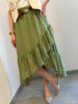 Gonna Asimmetrica Verde in Tessuto Leggero con Balze