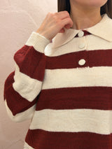 Maglione a righe con bordo in pizzo – Bordeaux e Crema