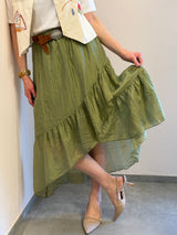 Gonna Asimmetrica Verde in Tessuto Leggero con Balze