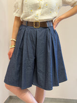 Bermuda Blu in Tessuto Effetto Denim con Plissé e Cintura