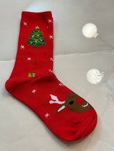 Calze rosse con albero e renna