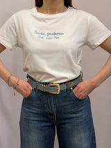 T-shirt ricamata “ santa pazienza che non ho” azzurra