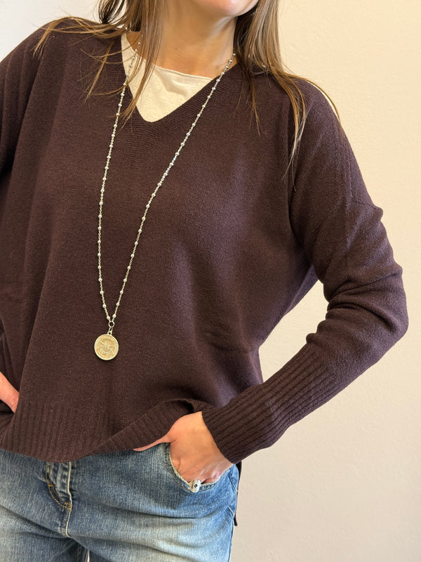 Maglione in viscosa scollo a V cioccolato Kontatto