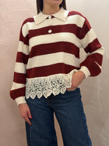 Maglione a righe con bordo in pizzo – Bordeaux e Crema
