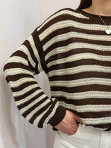 Maglia a girocollo rigata marrone/beige tensione in