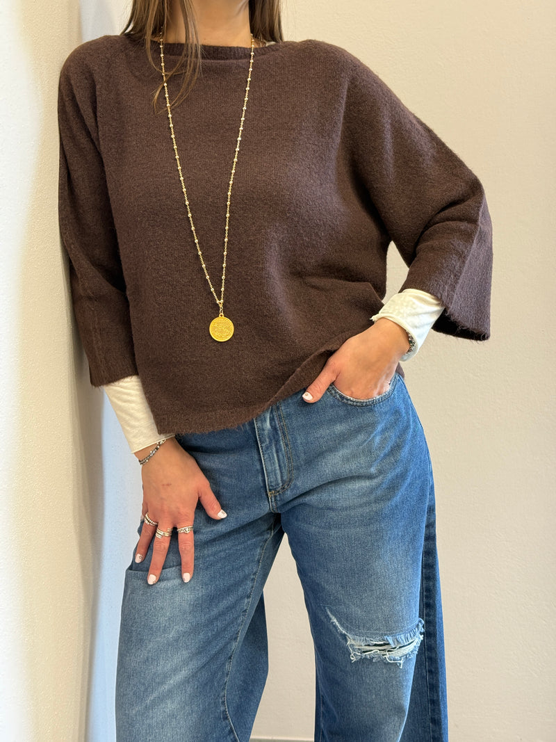 Maglione in alpaca manica 3/4 color cioccolato Kontatto