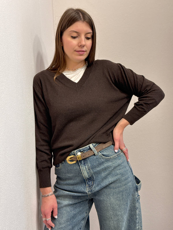 Maglioncino a V in misto cashmere moro