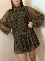 Abito corto in tulle stampa animalier verde/bordeux - Lumina