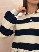Maglione a righe con bordo in pizzo – Blu Navy e Crema