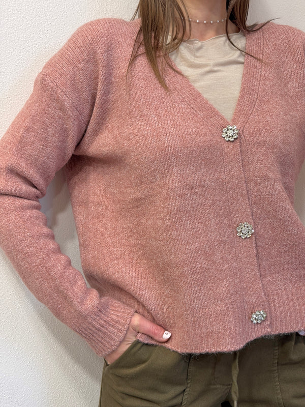 Cardigan con bottone gioiello, color rosa antico