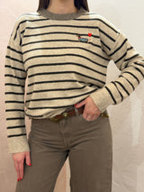 Maglione a righe con bassotto– Beige e Marrone