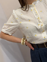 Camicia Bianca in Cotone Goffrato con Fantasia Margherite