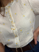 Camicia Bianca in Cotone Goffrato con Fantasia Margherite