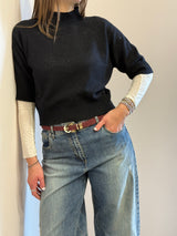 Lupetto manica corta con micro paillettes nero Kontatto
