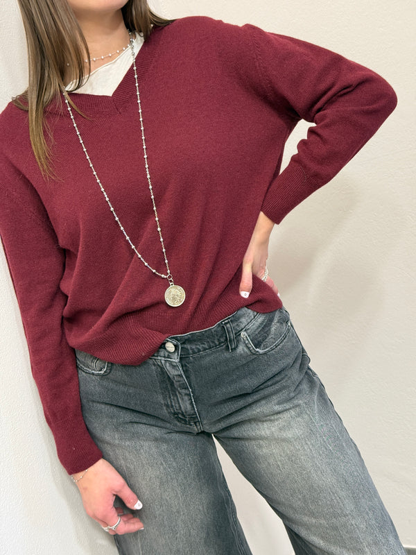 Maglioncino a V misto cashmere Borgogna