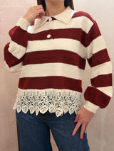 Maglione a righe con bordo in pizzo – Bordeaux e Crema