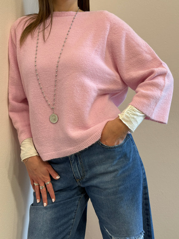 Maglione in alpaca manica 3/4 rosa Kontatto