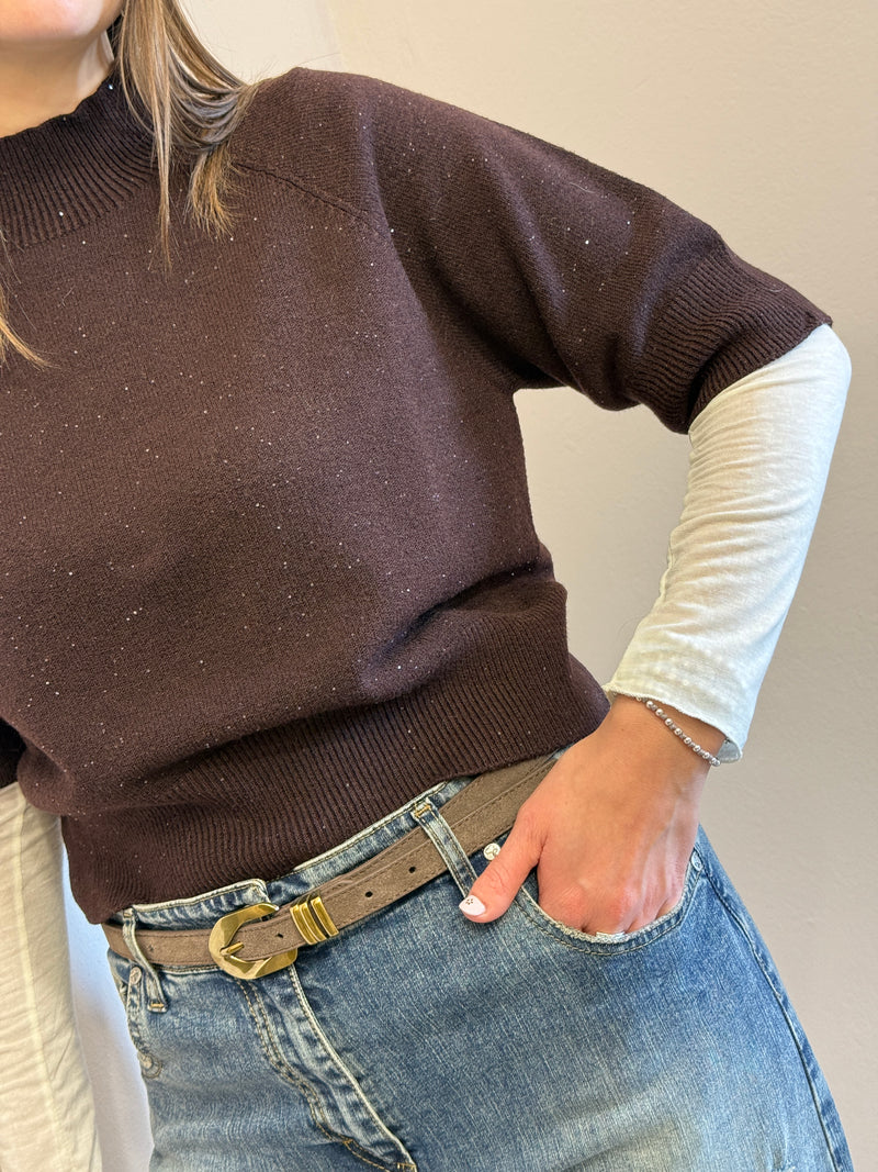 Lupetto manica corta con micro paillettes cioccolato Kontatto