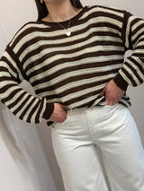 Maglia a girocollo rigata marrone/beige tensione in