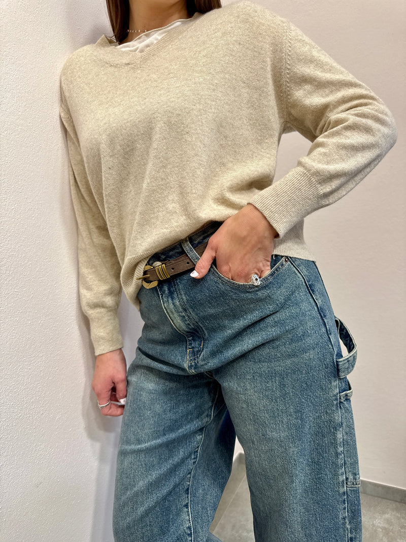 Maglioncino a V misto cashmere beige