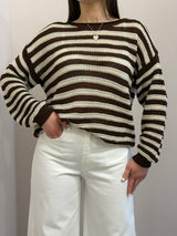 Maglia a girocollo rigata marrone/beige tensione in