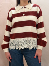 Maglione a righe con bordo in pizzo – Bordeaux e Crema
