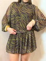 Abito corto in tulle stampa animalier verde/bordeux - Lumina