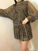 Abito corto in tulle stampa animalier verde/bordeux - Lumina