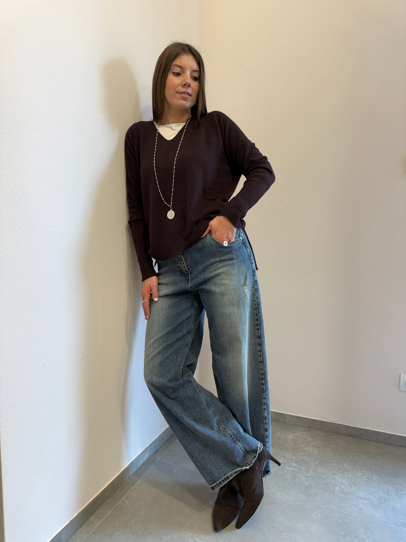 Maglione in viscosa scollo a V cioccolato Kontatto