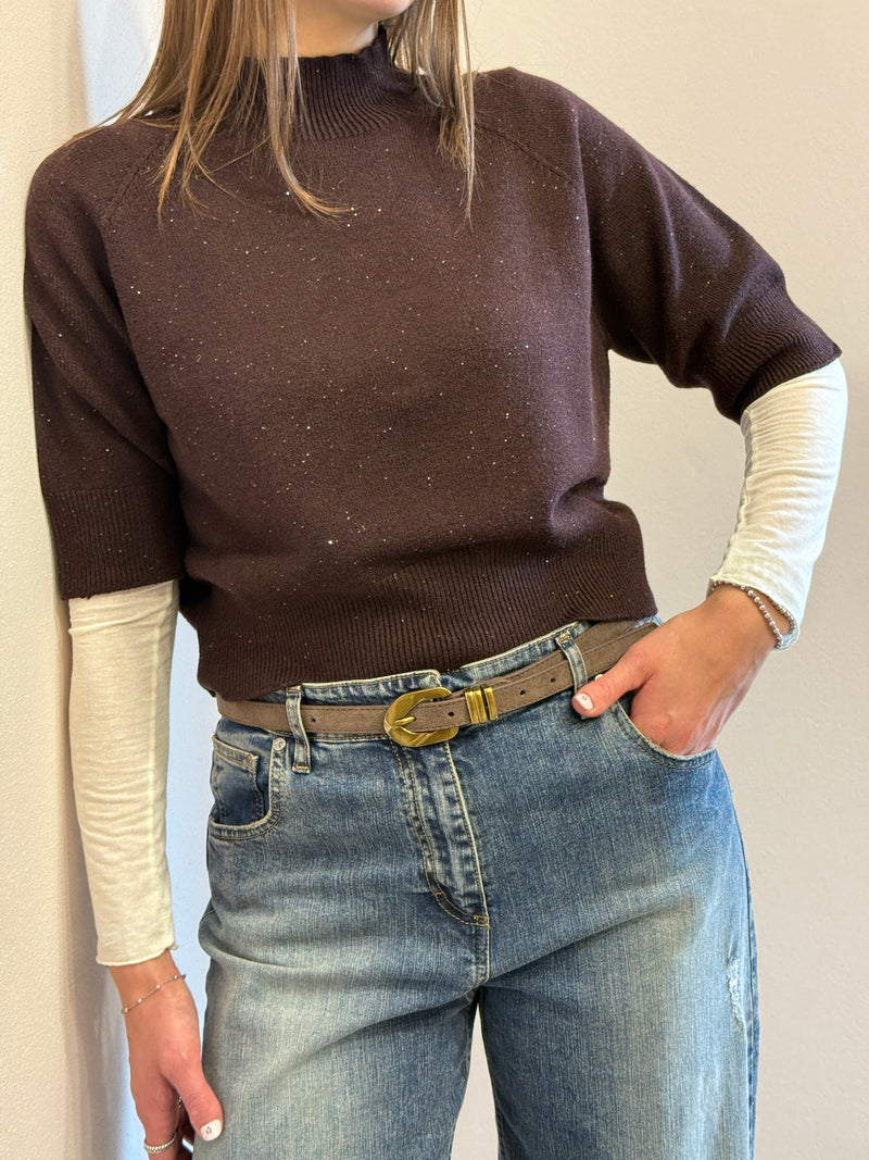 Lupetto manica corta con micro paillettes cioccolato Kontatto