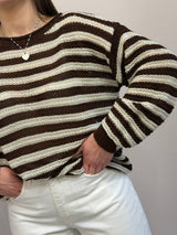 Maglia a girocollo rigata marrone/beige tensione in