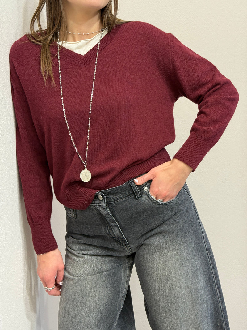 Maglioncino a V misto cashmere Borgogna