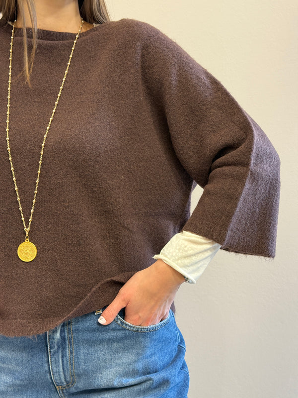 Maglione in alpaca manica 3/4 color cioccolato Kontatto