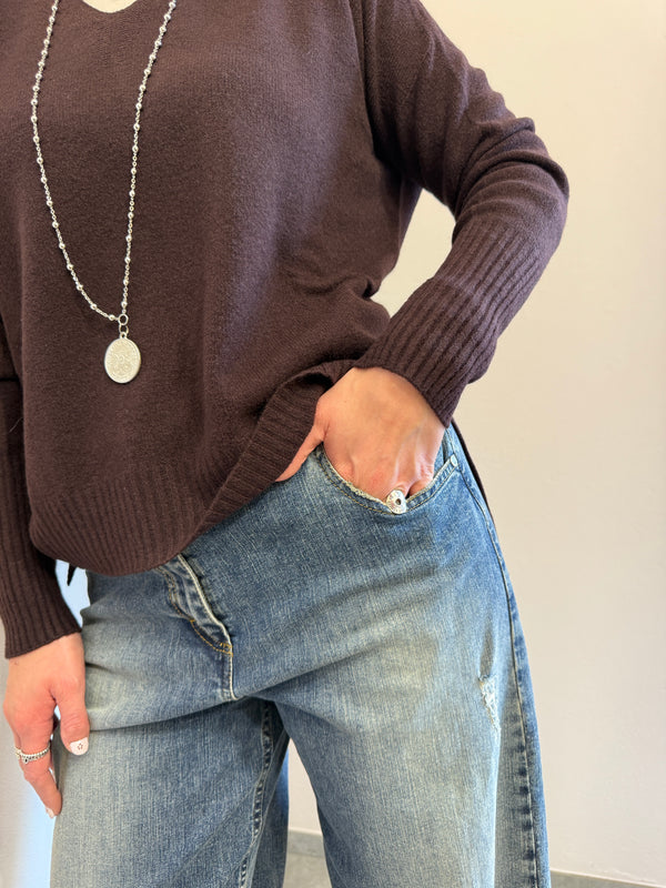 Maglione in viscosa scollo a V cioccolato Kontatto