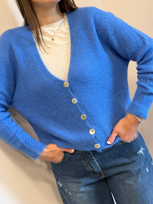 Cardigan con bottoni in madreperla azzurro cielo Kontatto
