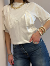 T-shirt con top in raso bianco Tensione in