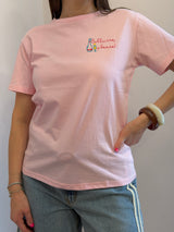 T-shirt rosa con scritta ricamata “bollicine”
